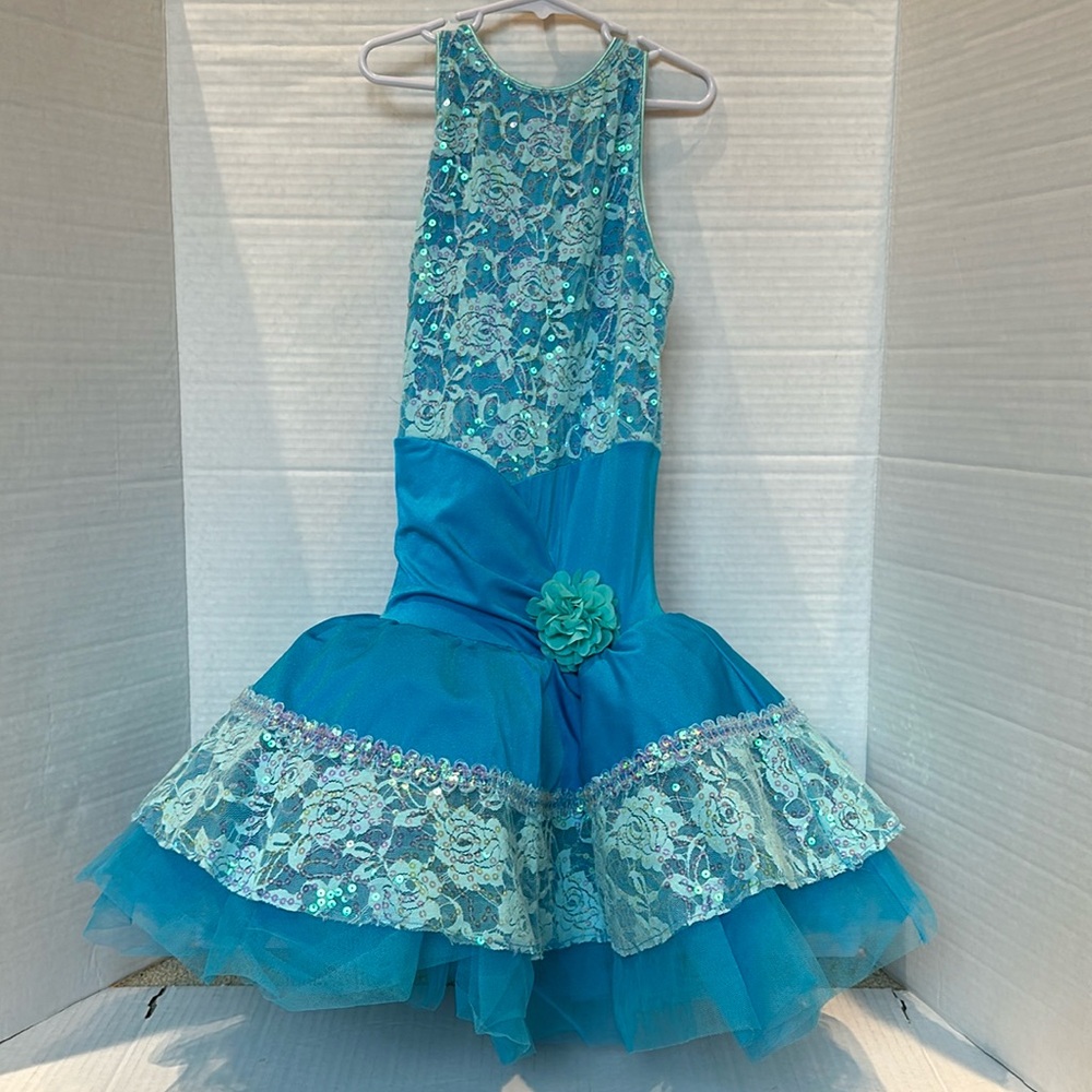 Dance Costume Girls Aqua Blue Flower Tulle Sequin